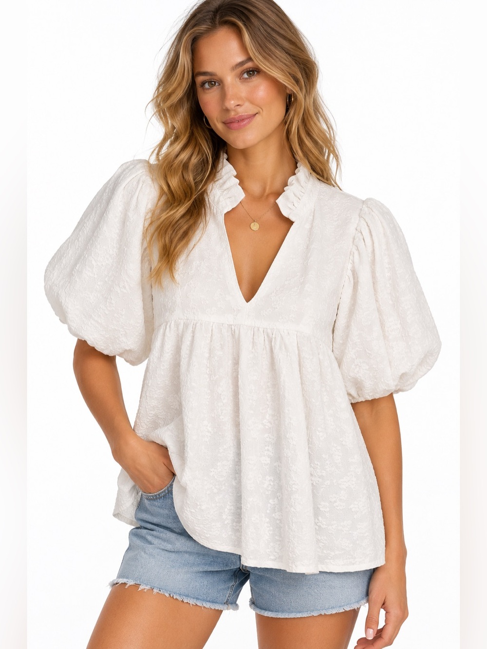 Umgee White Ruffle V-Neck Puff Sleeve Top Womens Size Medium